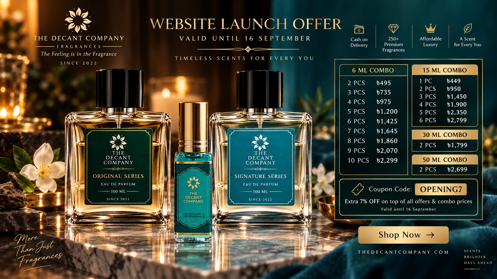 The Decant Company website launch offer — shop fragrances