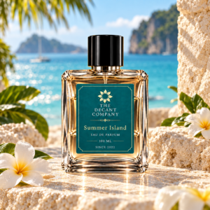 Summer Island perfume by The Decant Company in a square glass bottle beside a tropical sea