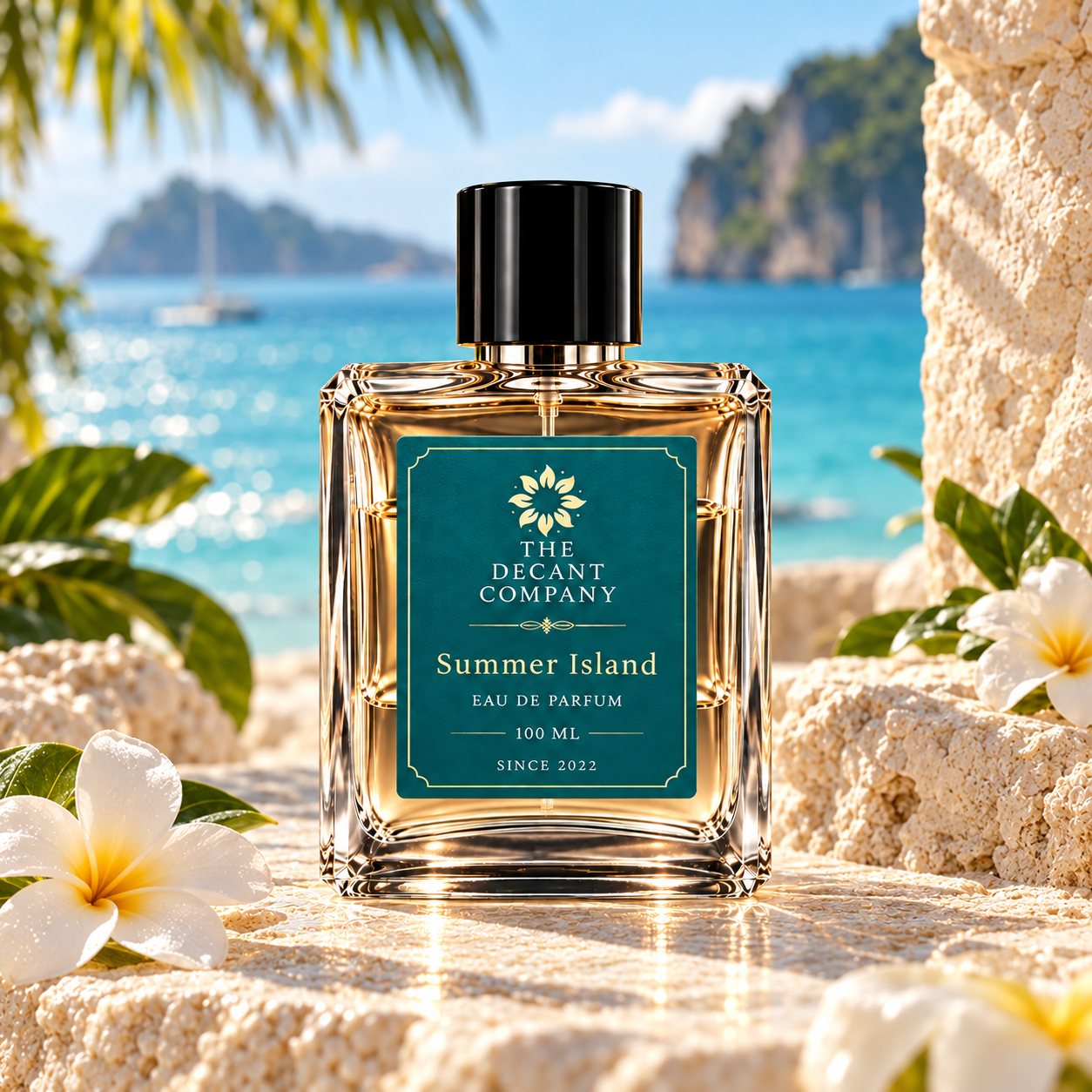 Summer Island perfume by The Decant Company in a square glass bottle beside a tropical sea
